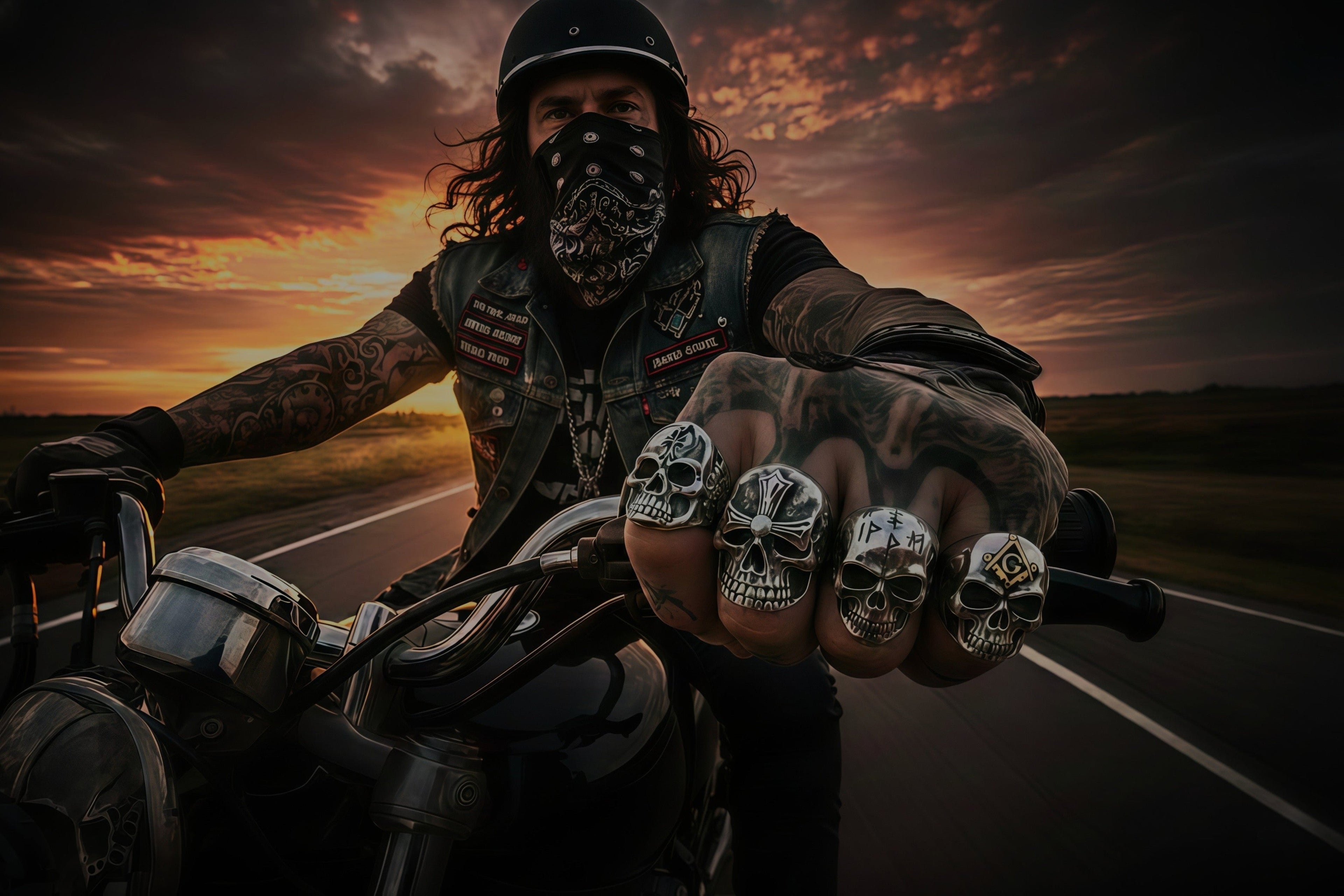 Person on a motorcycle with sunset in the background