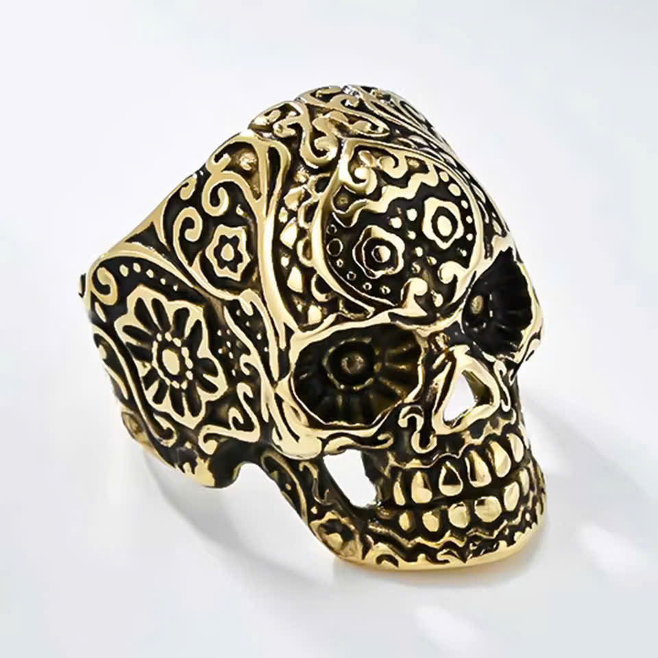 Retro Floral Skull Ring