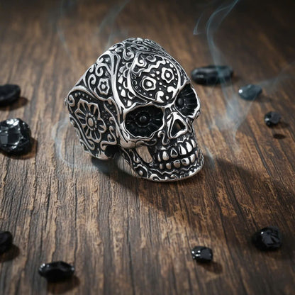 Retro Floral Skull Ring