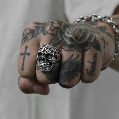 Retro Floral Skull Ring