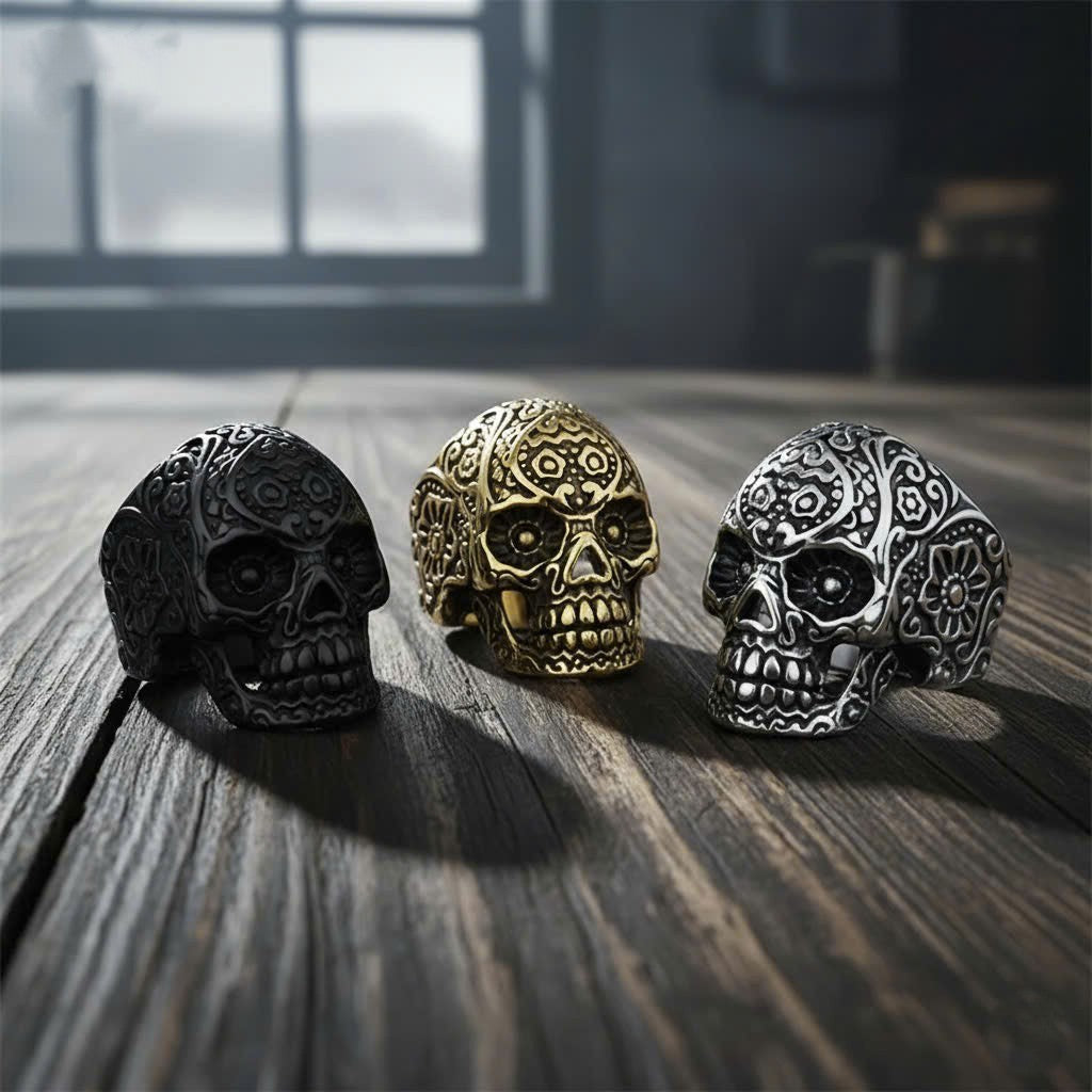 Retro Floral Skull Ring