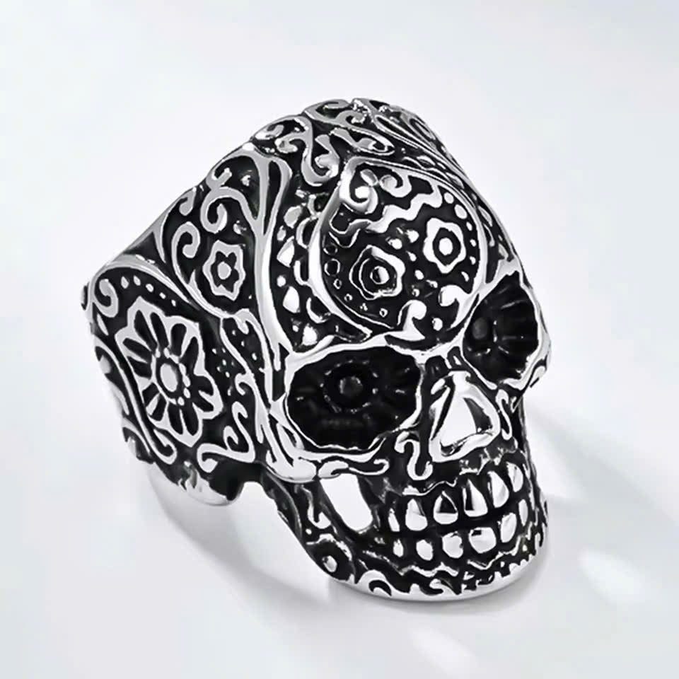 Retro Floral Skull Ring