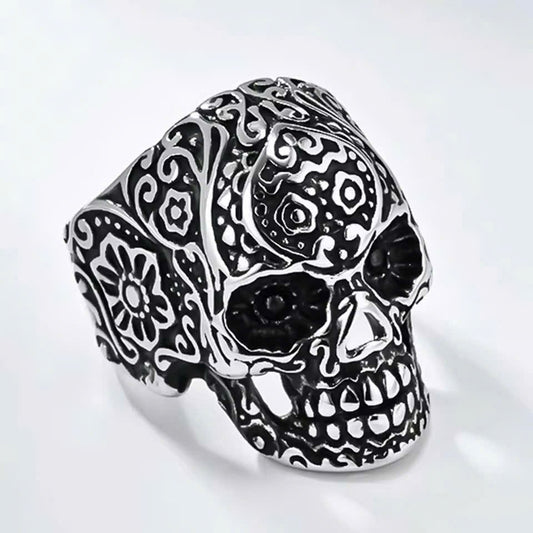 Retro Floral Skull Ring