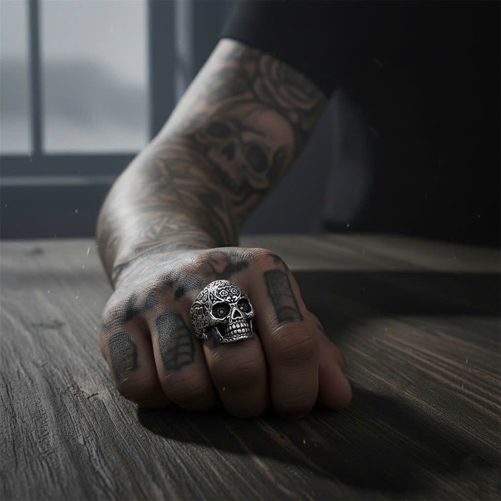 Retro Floral Skull Ring